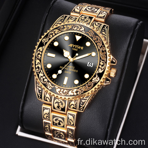 Montres à Quartz doré rétro de luxe AIYISHI Top marque en acier inoxydable calendrier de luxe étanche montre lumineuse homme montres-bracelets